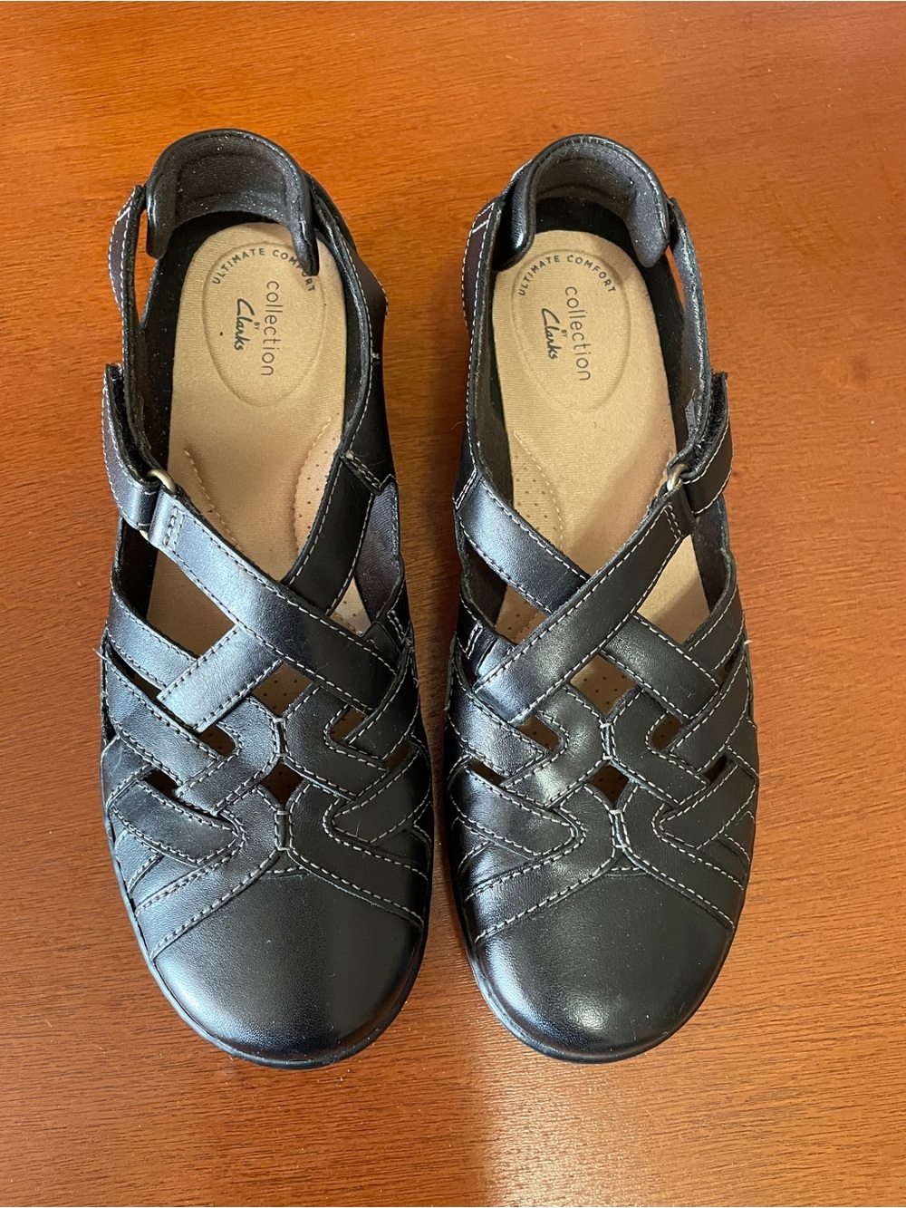 Clarks Cora Dream Sandals Black Leather Fisherman Flats Women’s Size 7.5